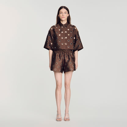 Jupiter Denim Shirt with Rhinestones Brown