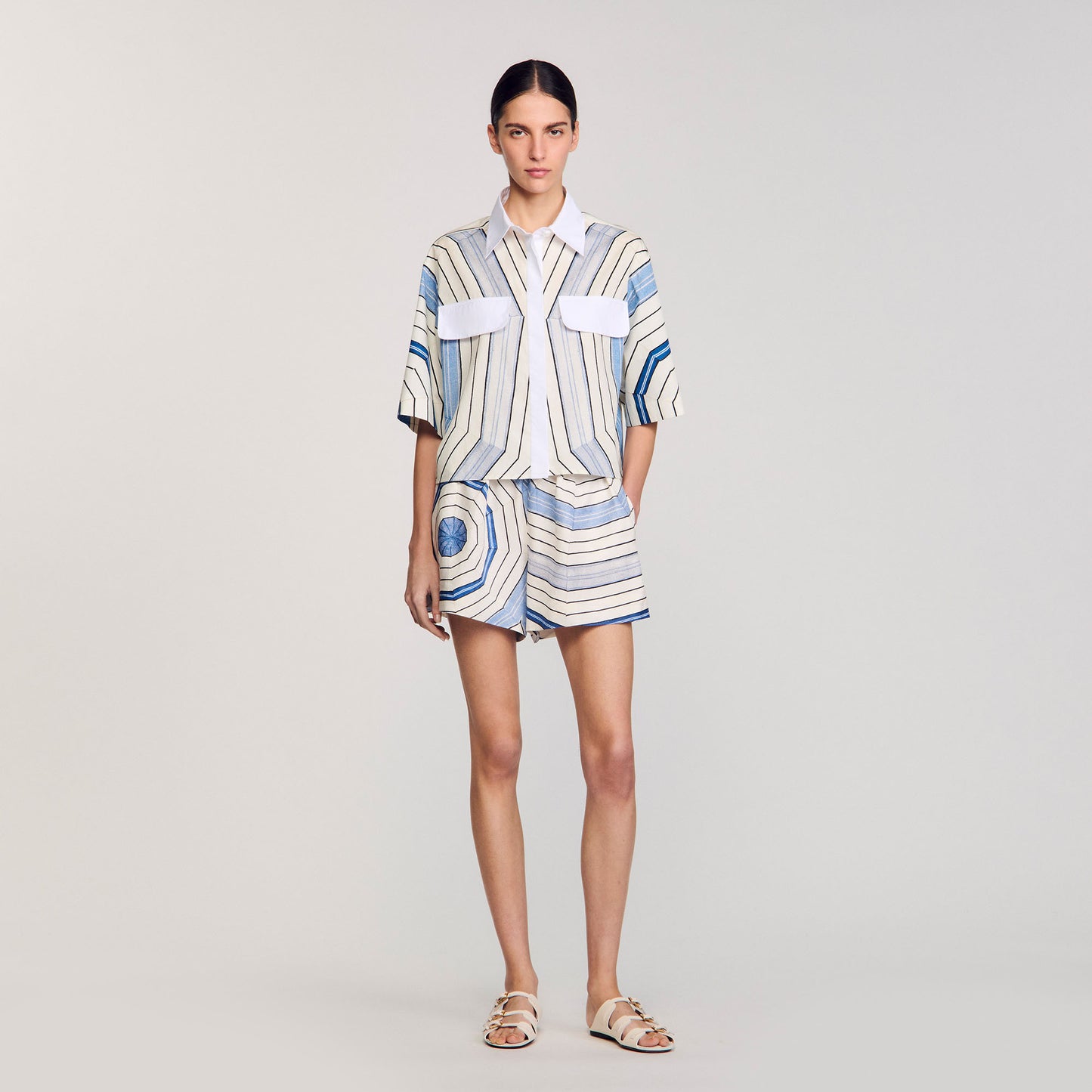 Ode Printed Crop Shirt Sky Blue