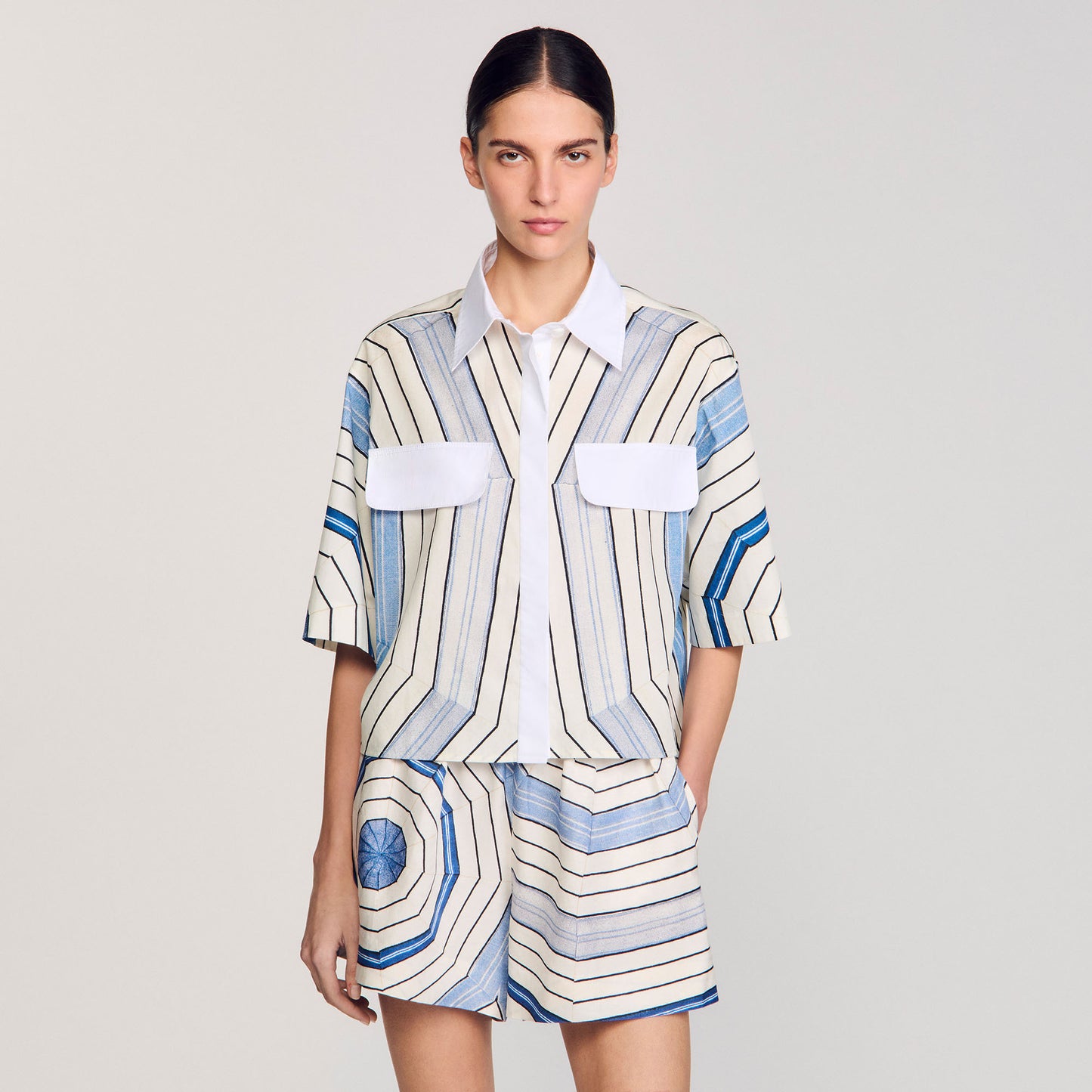Ode Printed Crop Shirt Sky Blue