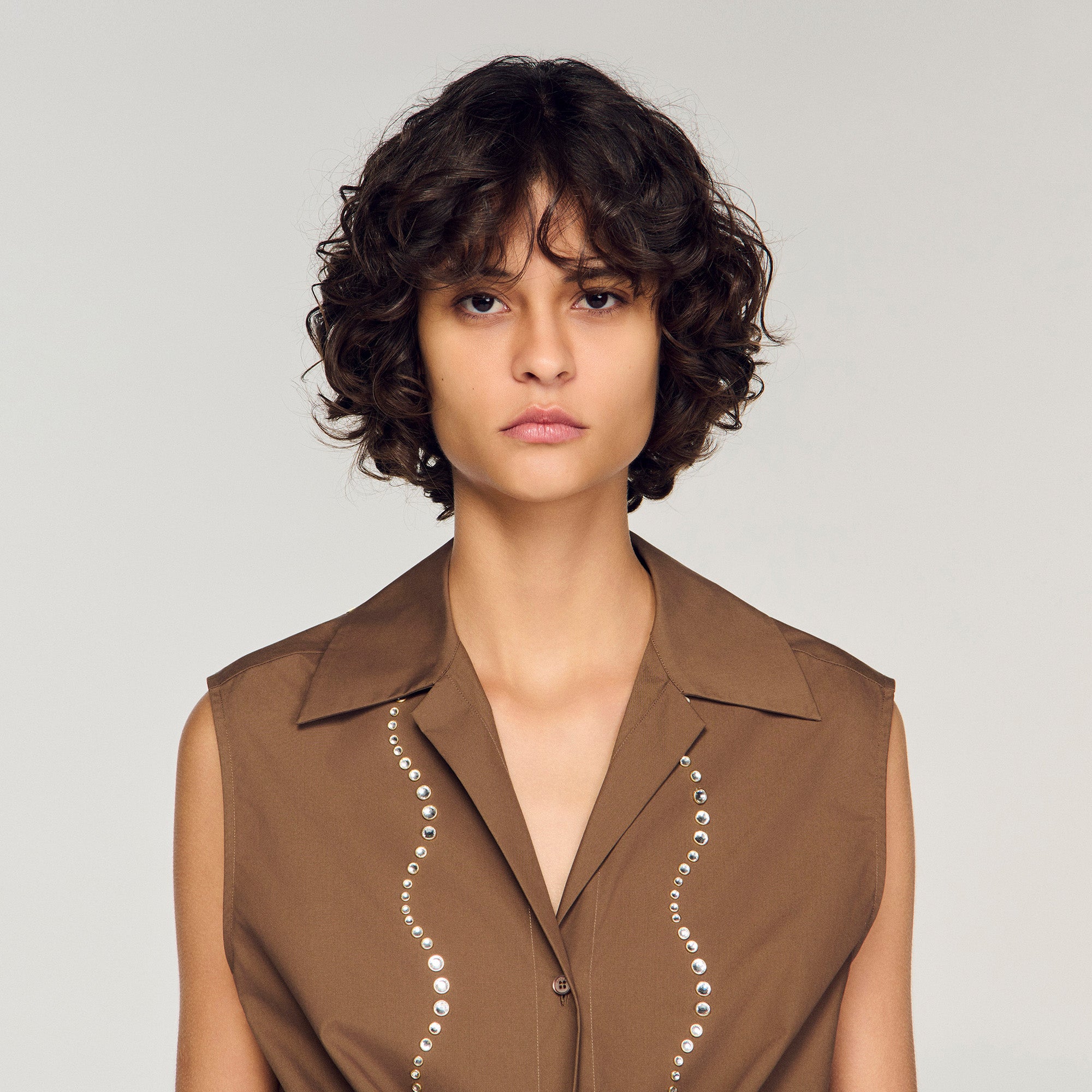 Rhinestone Cropped Shirt Brown