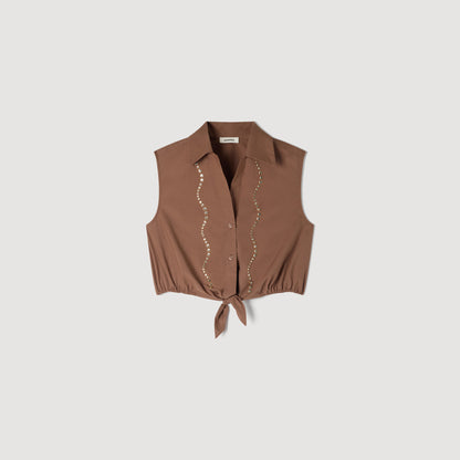 Tel Rhinestone Cropped Shirt Brown