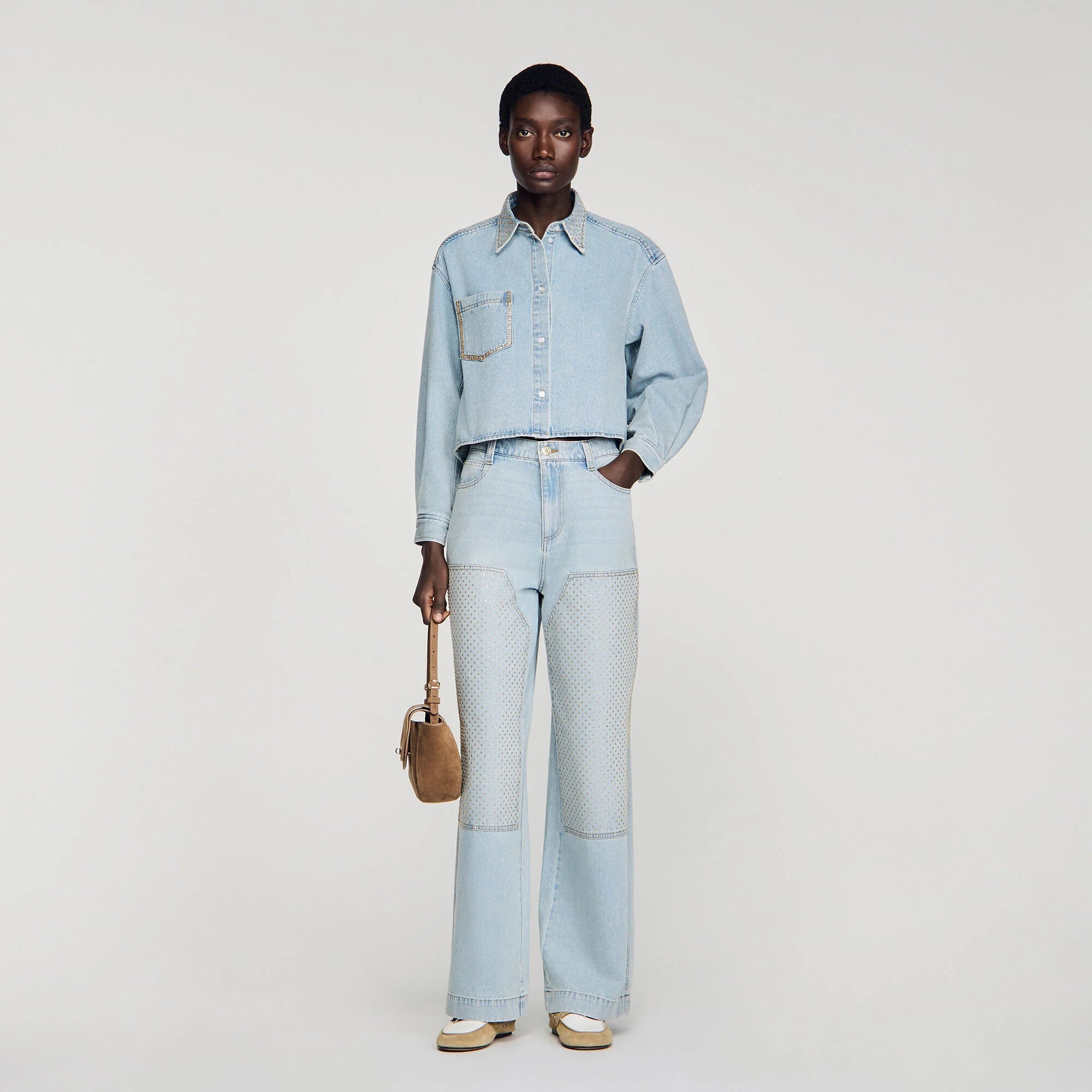 Lady Rhinestone Cropped Denim Shirt Light Blue Jean
