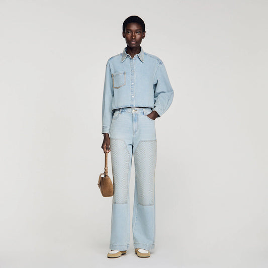 Lady Rhinestone Cropped Denim Shirt Light Blue Jean