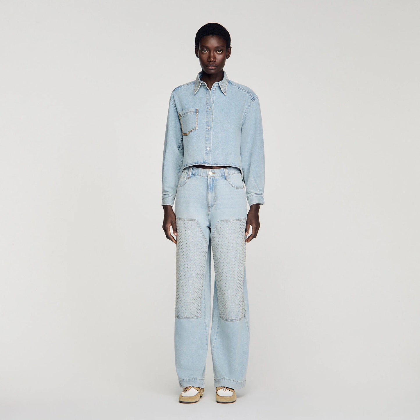Lady Rhinestone Cropped Denim Shirt Light Blue Jean