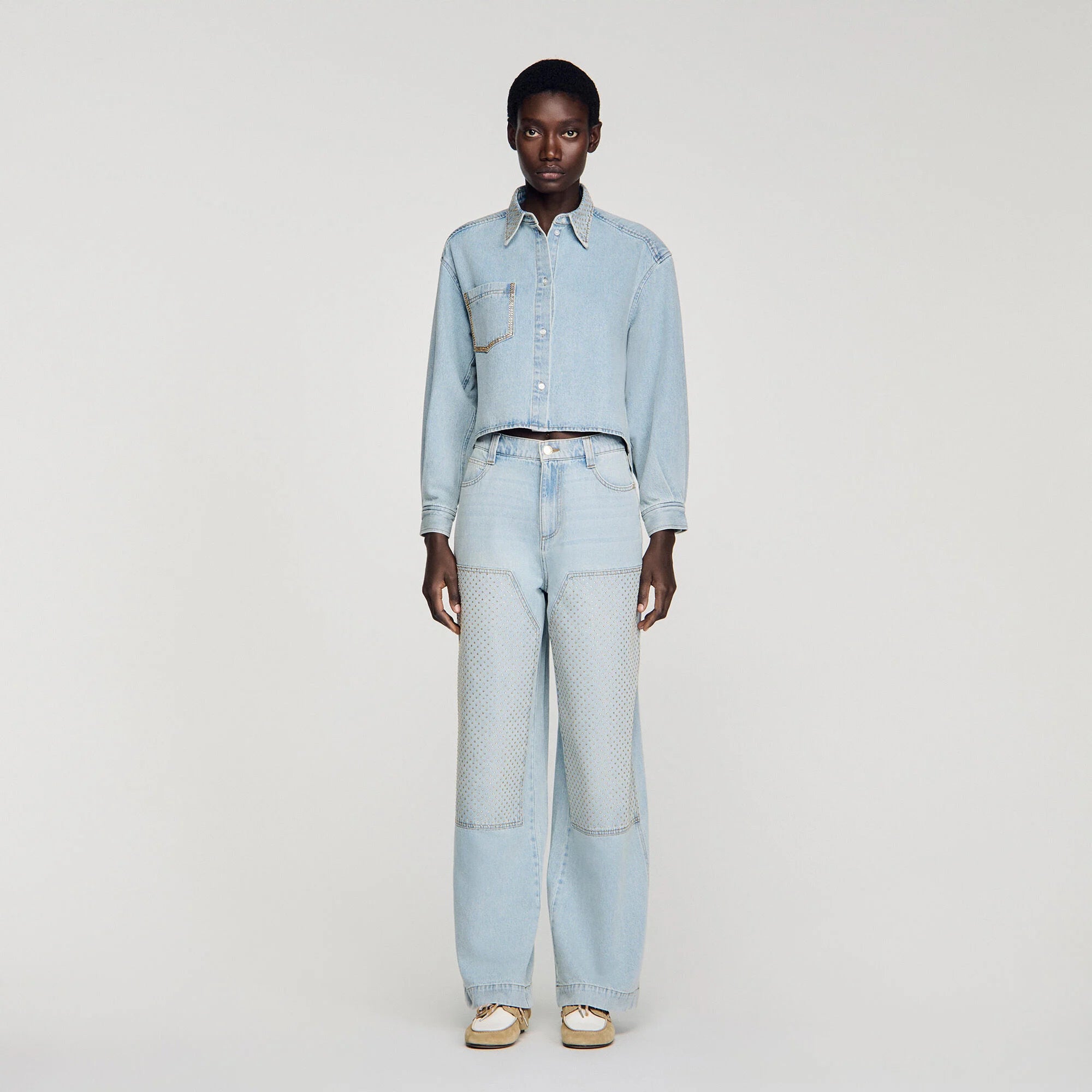 Lady Rhinestone Cropped Denim Shirt Light Blue Jean