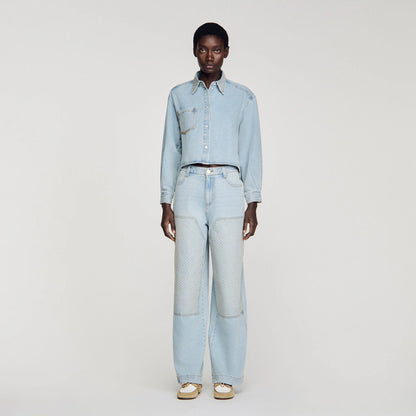 Lady Rhinestone Cropped Denim Shirt Light Blue Jean