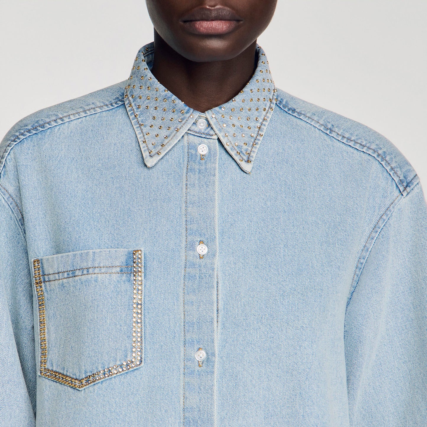 Lady Rhinestone Cropped Denim Shirt Light Blue Jean