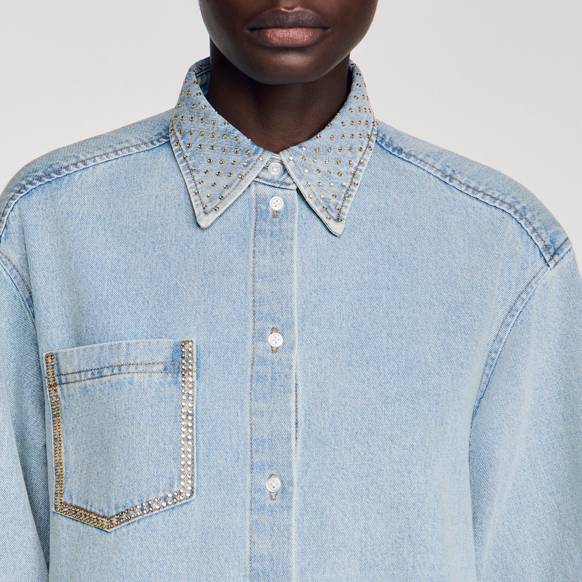Lady Rhinestone Cropped Denim Shirt Light Blue Jean