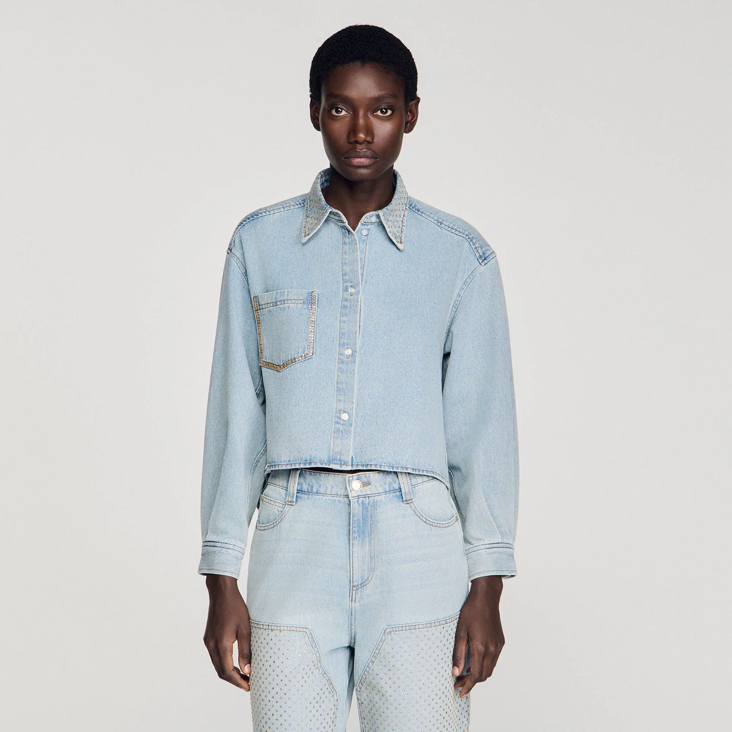 Lady Rhinestone Cropped Denim Shirt Light Blue Jean