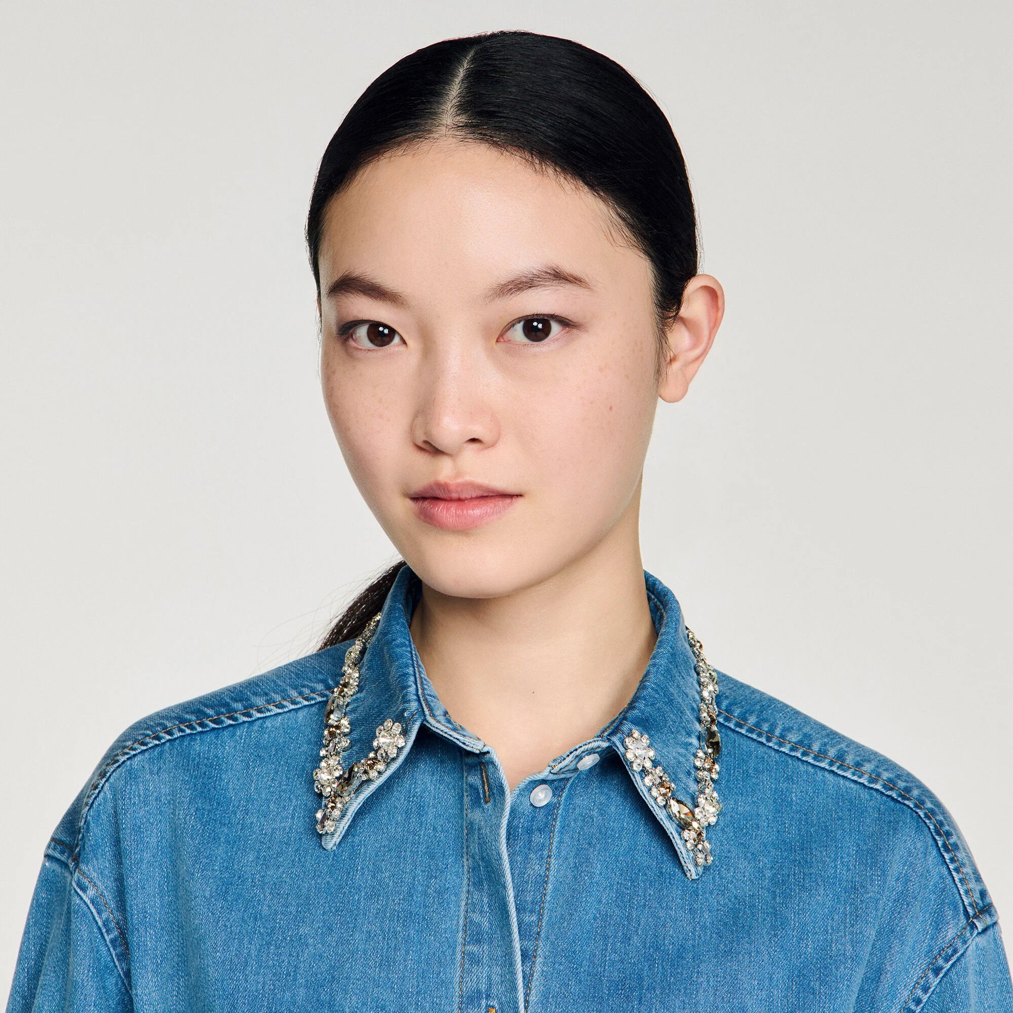 Carmella Denim Shirt With Rhinestones Blue Jean