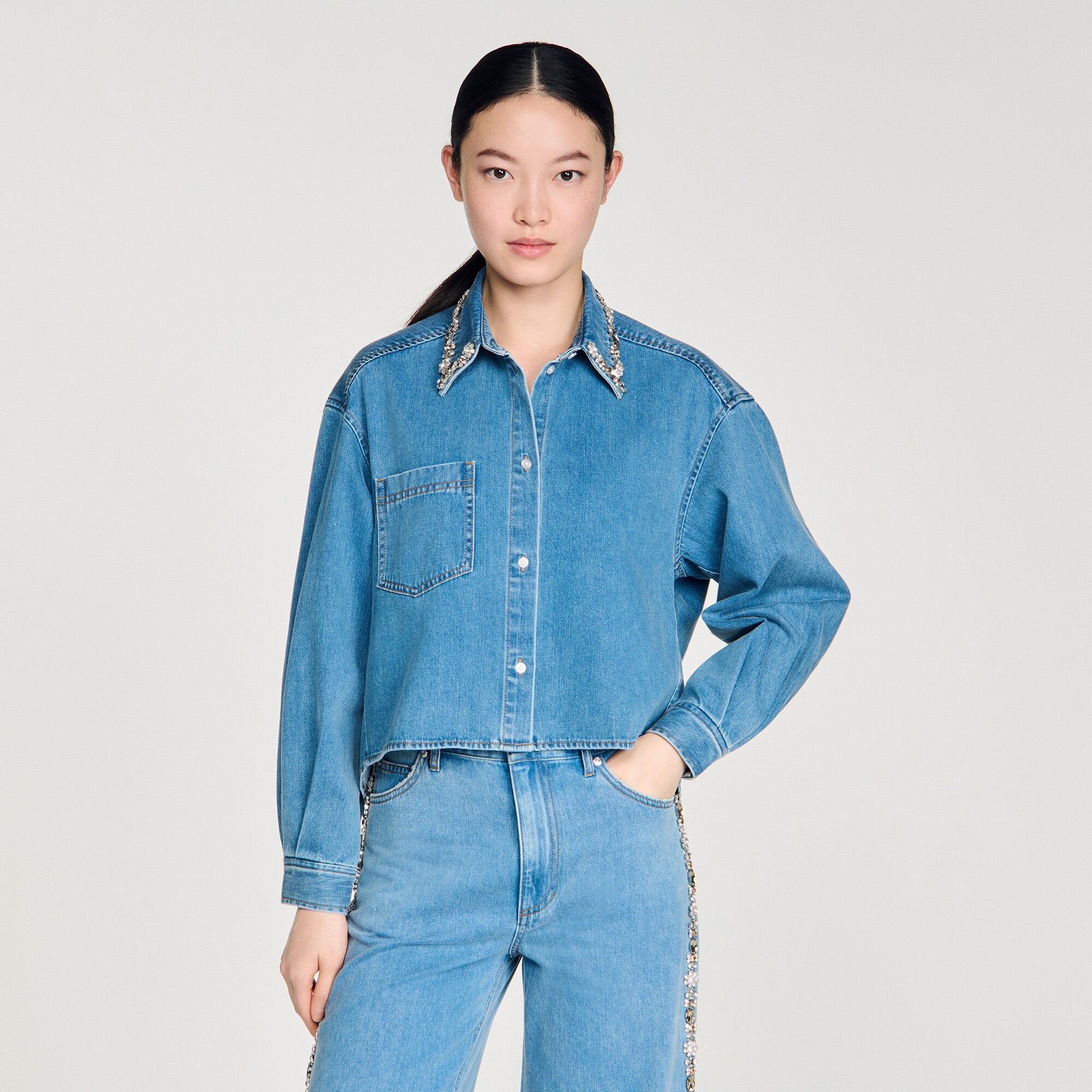 Carmella Denim Shirt With Rhinestones Blue Jean