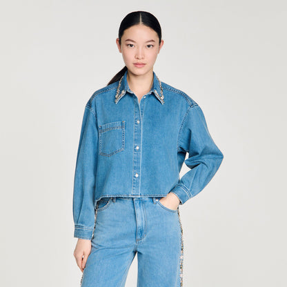 Carmella Denim Shirt With Rhinestones Blue Jean
