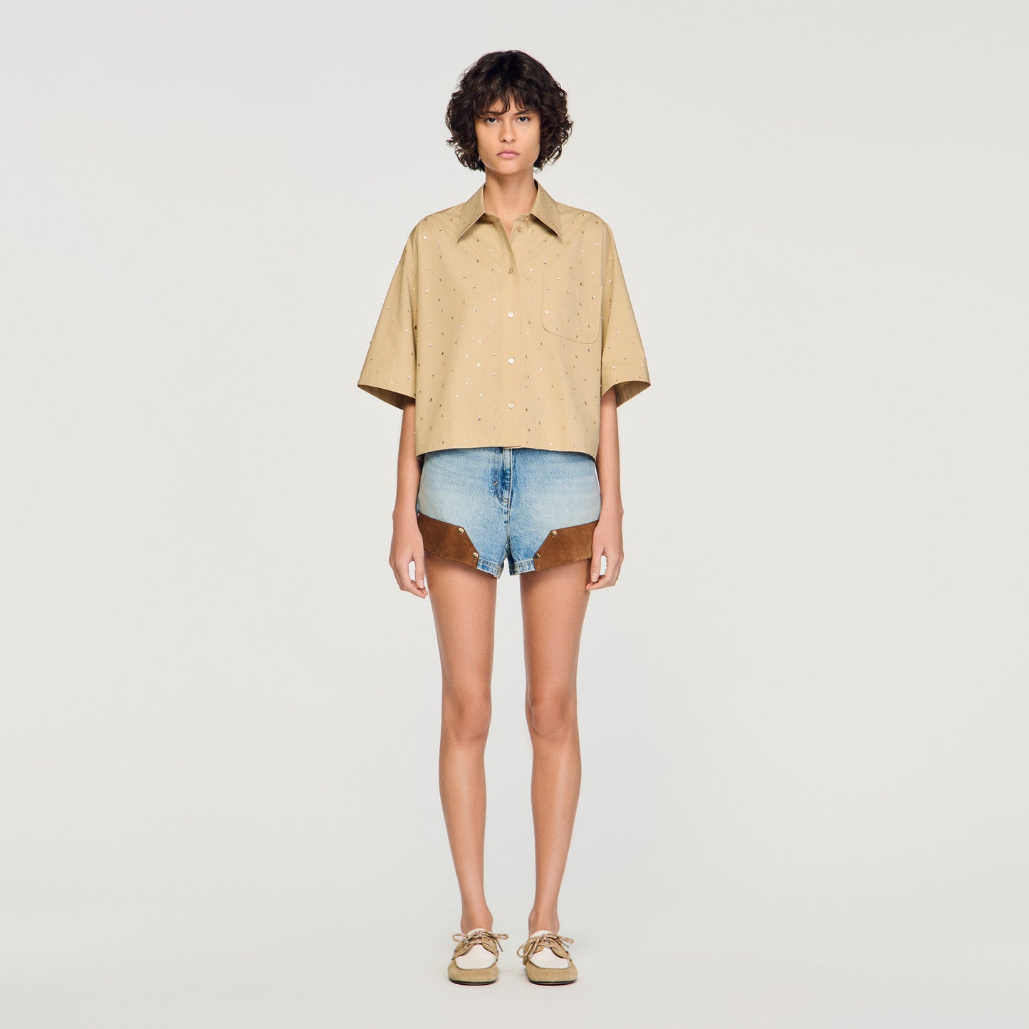 Rio Cotton Shirt With Rhinestones Beige