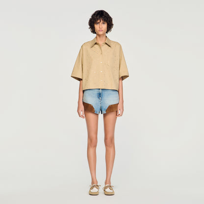 Rio Cotton Shirt With Rhinestones Beige