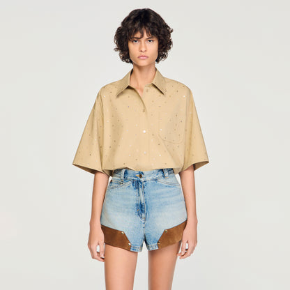 Rio Cotton Shirt With Rhinestones Beige