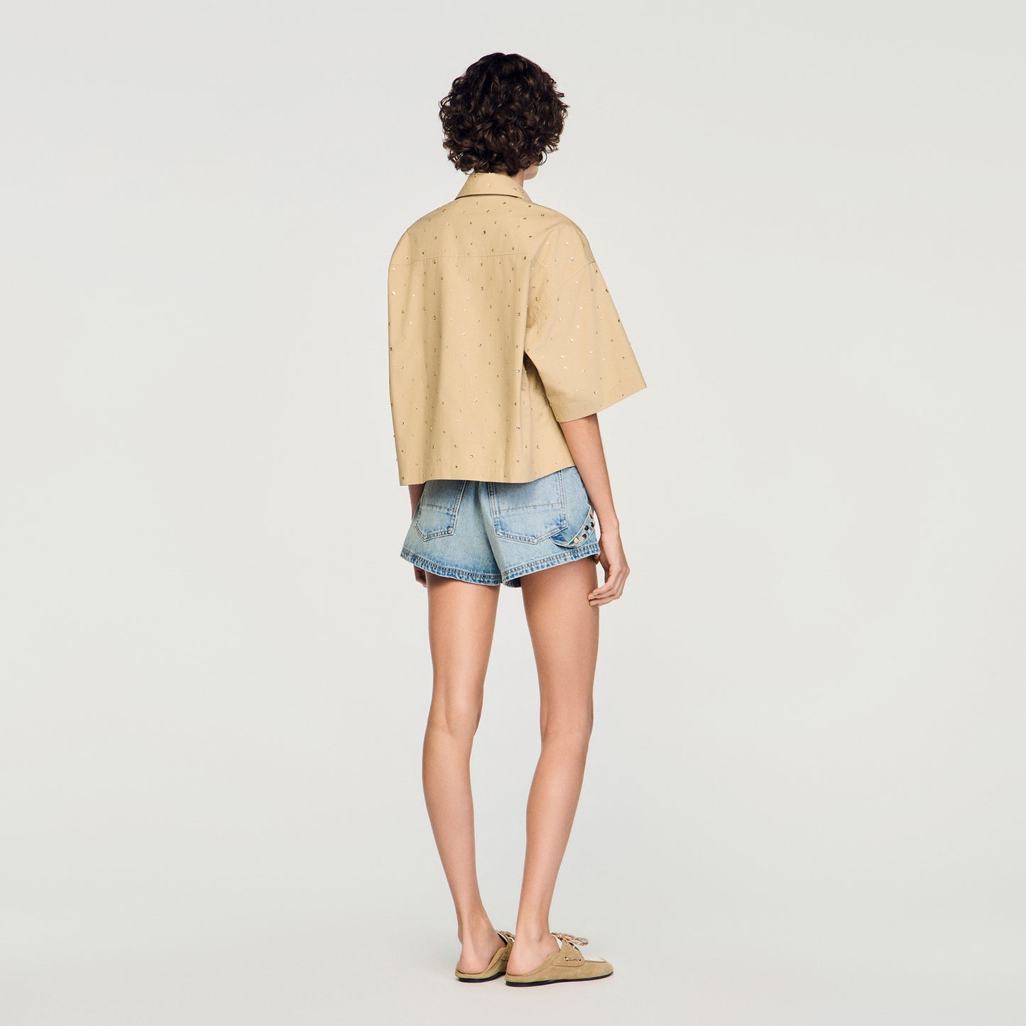 Rio Cotton Shirt With Rhinestones Beige