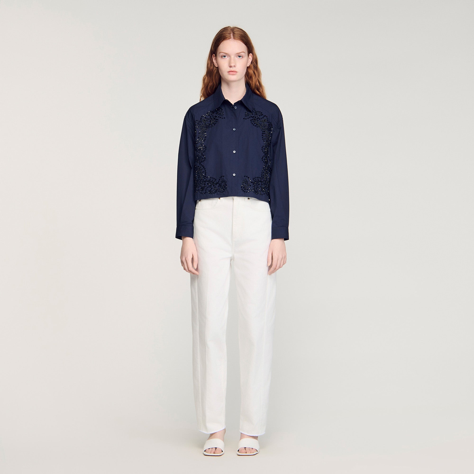 Tiana Floral Embroidered Cotton Shirt Navy Blue
