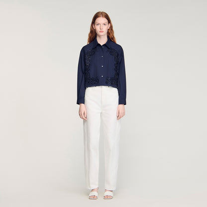 Tiana Floral Embroidered Cotton Shirt Navy Blue