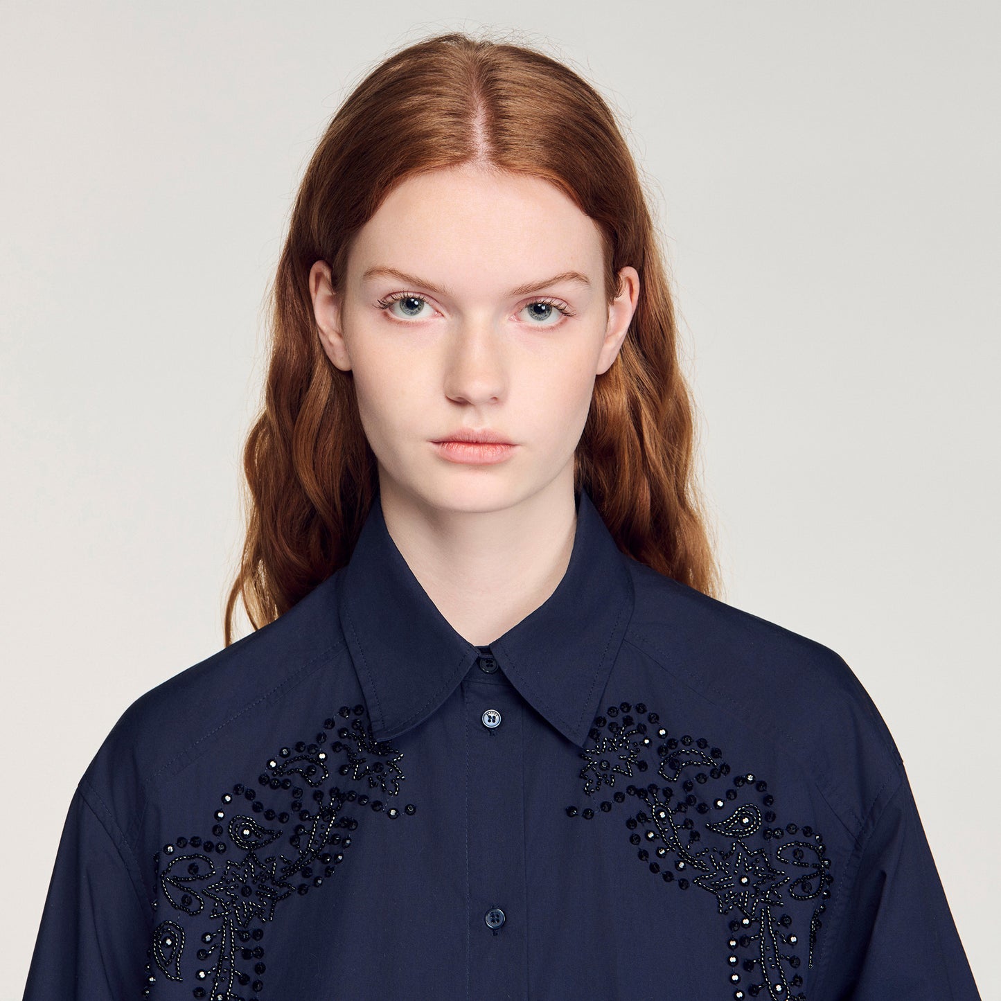 Tiana Floral Embroidered Cotton Shirt Navy Blue