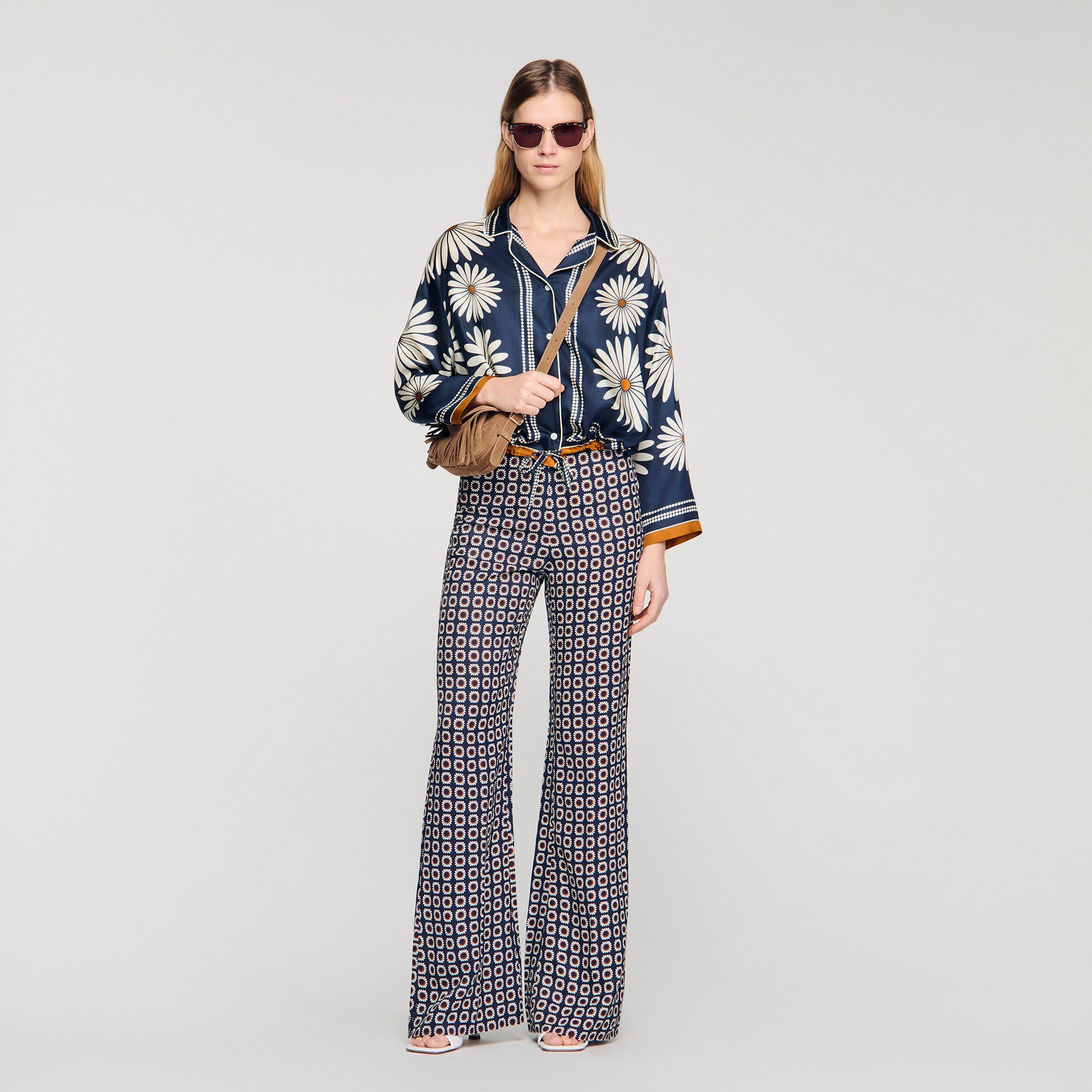 Dahlia Floral Print Silk Shirt Deep Blue / Ocher