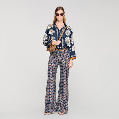 Dahlia Floral Print Silk Shirt Deep Blue / Ocher