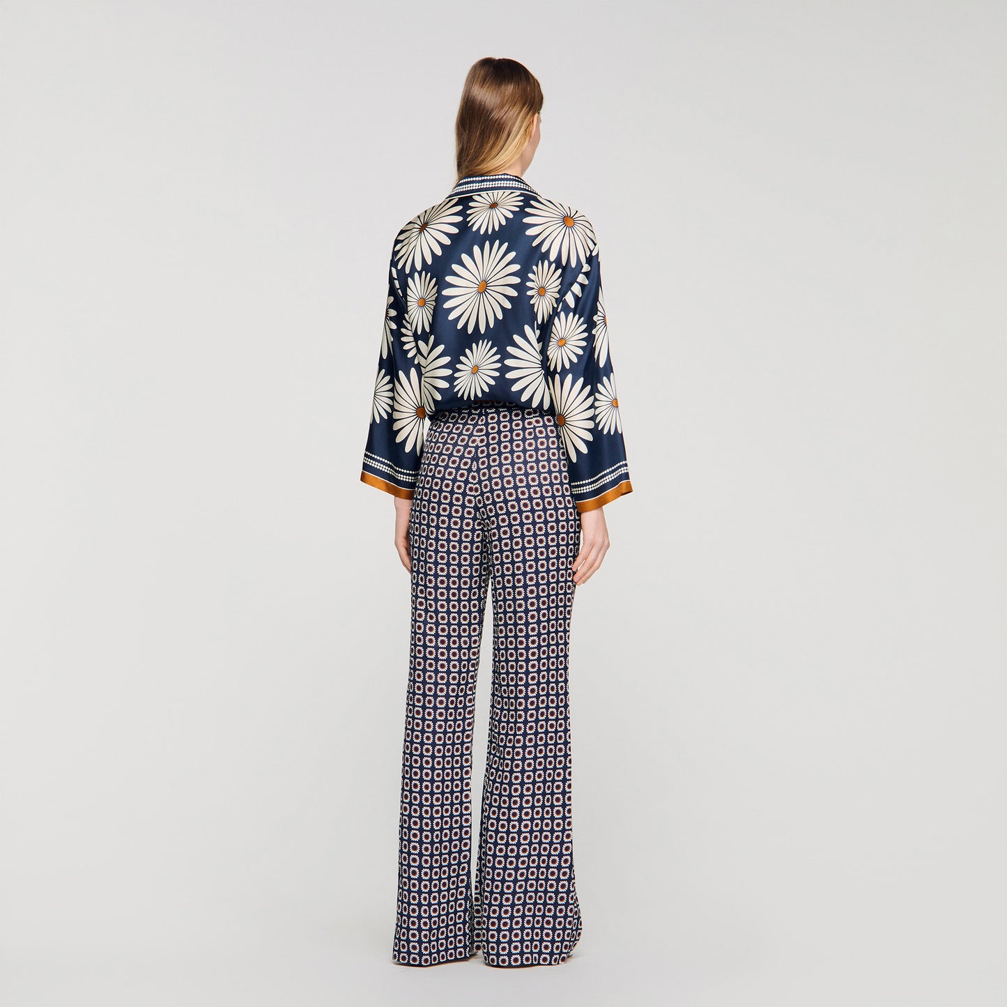 Dahlia Floral Print Silk Shirt Deep Blue / Ocher