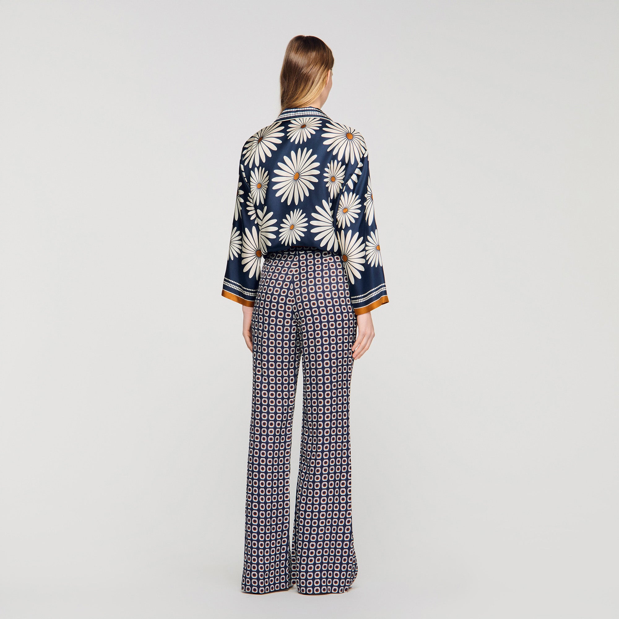 Dahlia Floral Print Silk Shirt Deep Blue / Ocher