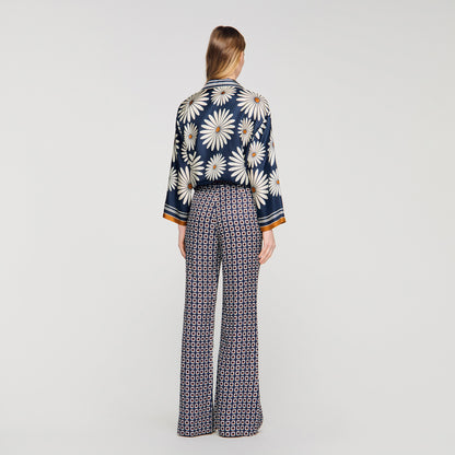 Dahlia Floral Print Silk Shirt Deep Blue / Ocher