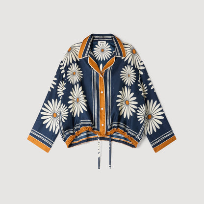 Dahlia Floral Print Silk Shirt Deep Blue / Ocher