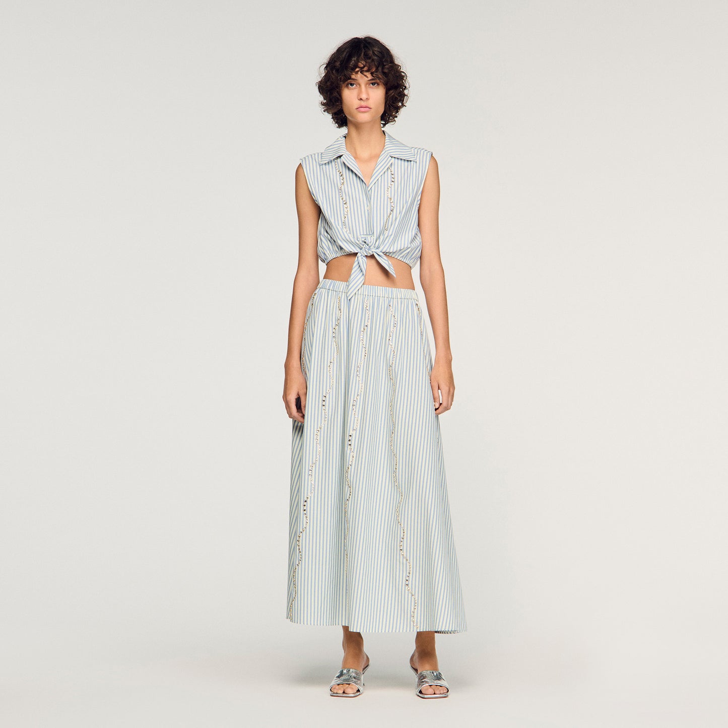 Lucio Cropped Striped Rhinestone Shirt Blue