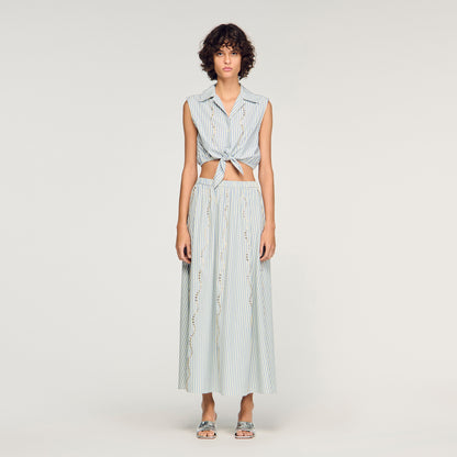 Lucio Cropped Striped Rhinestone Shirt Blue