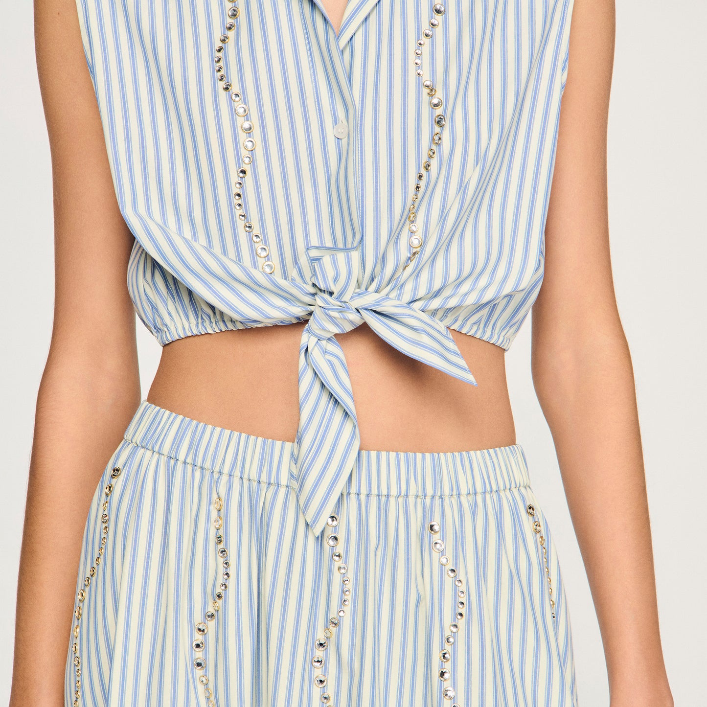 Lucio Cropped Striped Rhinestone Shirt Blue