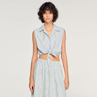 Lucio Cropped Striped Rhinestone Shirt Blue