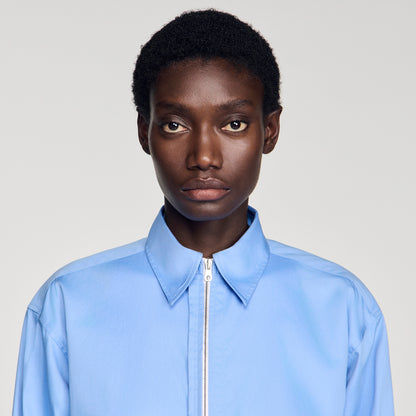 Julianna Cropped Logo Zip Cotton Shirt Blue
