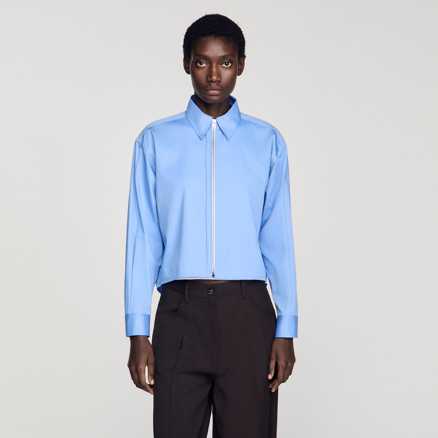 Julianna Cropped Logo Zip Cotton Shirt Blue