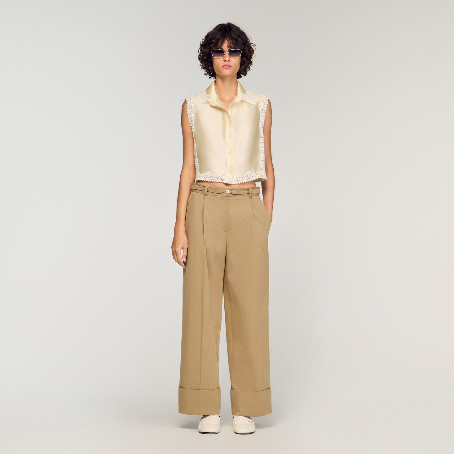 Cropped Shirt With Lace Details Ecru