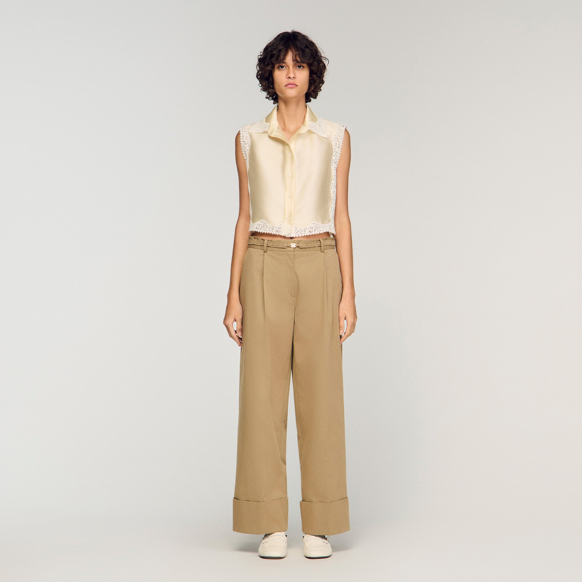 Cropped Shirt With Lace Details Ecru