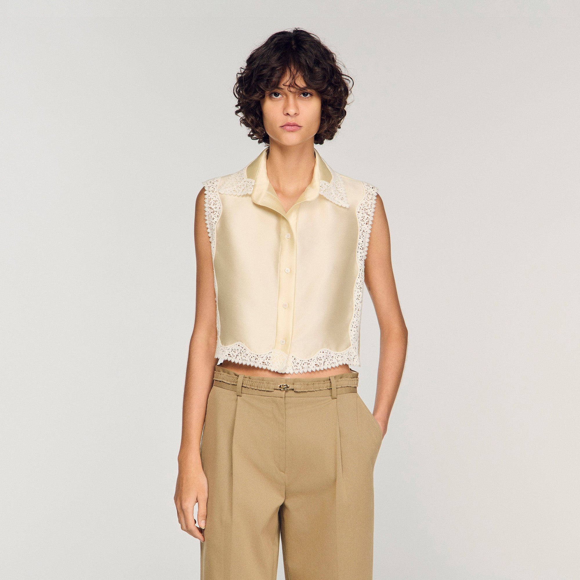 Cropped Shirt With Lace Details Ecru