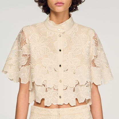 Ame Cropped Floral Guipure Shirt Ecru