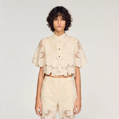 Ame Cropped Floral Guipure Shirt Ecru