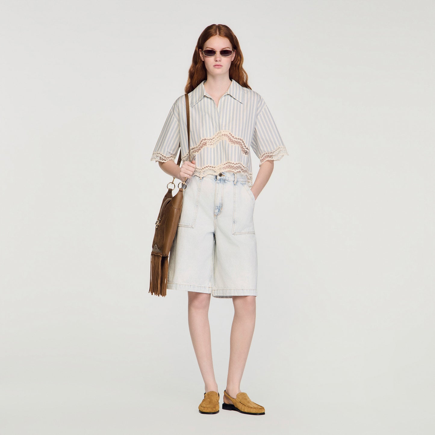 Artemie Cropped Striped Cotton Shirt Ecru / Bleu