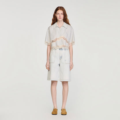 Artemie Cropped Striped Cotton Shirt Ecru / Bleu