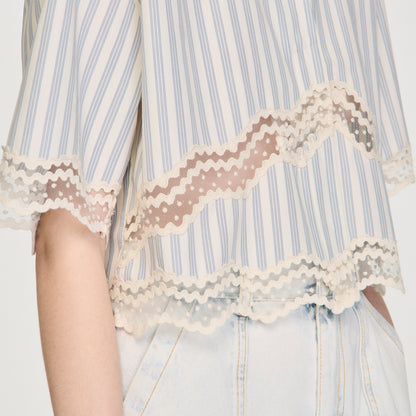 Artemie Cropped Striped Cotton Shirt Ecru / Bleu
