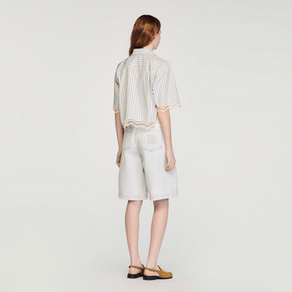 Artemie Cropped Striped Cotton Shirt Ecru / Bleu