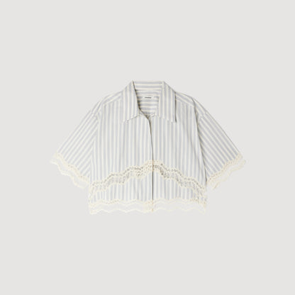 Artemie Cropped Striped Cotton Shirt Ecru / Bleu
