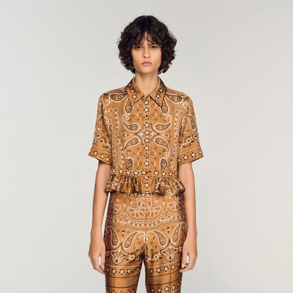 Bandana Print Cropped Shirt Brown Black