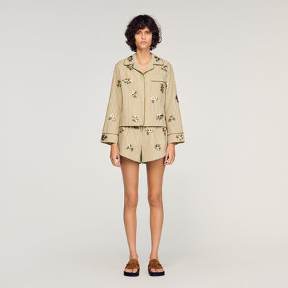 Nilla Striped Shirt, Floral Embroidery Olive Green