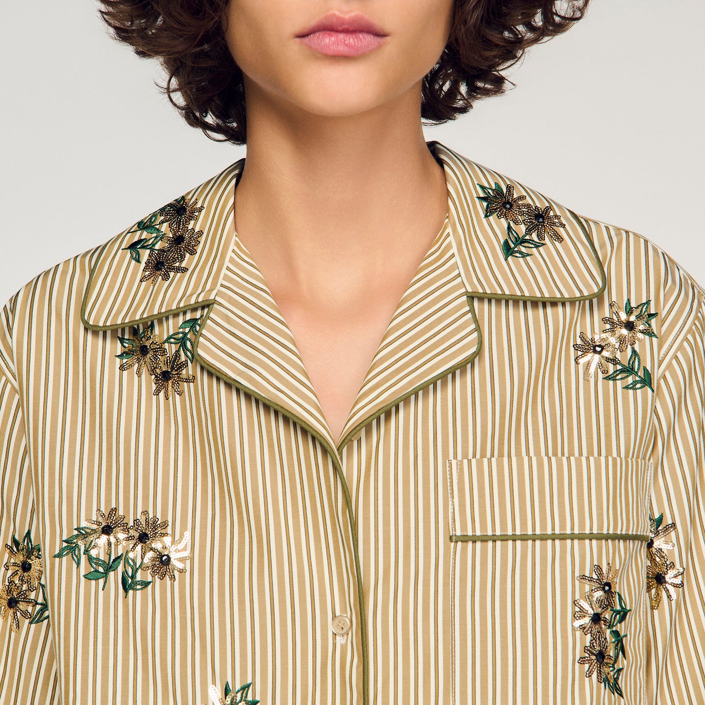 Nilla Striped Shirt, Floral Embroidery Olive Green