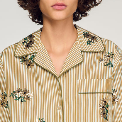 Nilla Striped Shirt, Floral Embroidery Olive Green