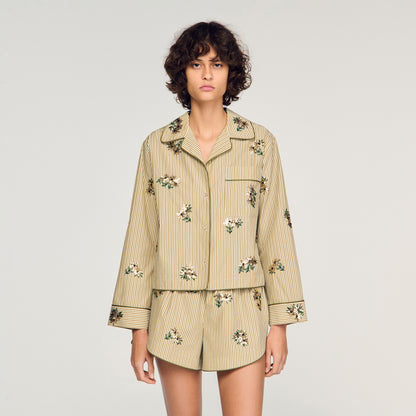 Nilla Striped Shirt, Floral Embroidery Olive Green